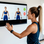 A professional female personal trainer, fully clothed in modest athletic wear, demonstrating a simple stretch exercise while looking attentively at a large monitor displaying a blurred video call of an online client. She wears a smartwatch on her wrist, tracking her movements. The setting is a clean, bright, modern home gym with soft natural lighting. Professional photography, high quality, perfect anatomy, correct proportions, natural pose, well-formed hands, proper finger count, natural body proportions, safe for work, appropriate content, family-friendly.