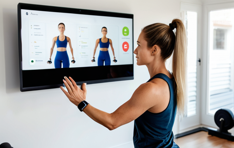 A professional female personal trainer, fully clothed in modest athletic wear, demonstrating a simple stretch exercise while looking attentively at a large monitor displaying a blurred video call of an online client. She wears a smartwatch on her wrist, tracking her movements. The setting is a clean, bright, modern home gym with soft natural lighting. Professional photography, high quality, perfect anatomy, correct proportions, natural pose, well-formed hands, proper finger count, natural body proportions, safe for work, appropriate content, family-friendly.