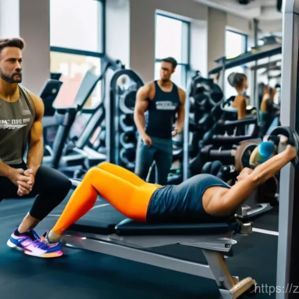 퍼스널트레이너와 헬스 트레이너 차이 - **Prompt 1: A Busy Gym Floor with a Public Area Coach**
A wide shot of a brightly lit, modern gy...