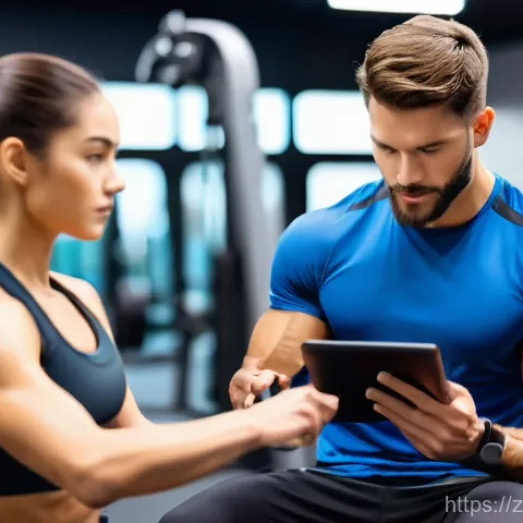 퍼스널트레이너의 운동 프로그램 구성법 - **Image Prompt 1: Personalized Guidance with Smart Tech in a Modern Gym**
    A determined young wom...