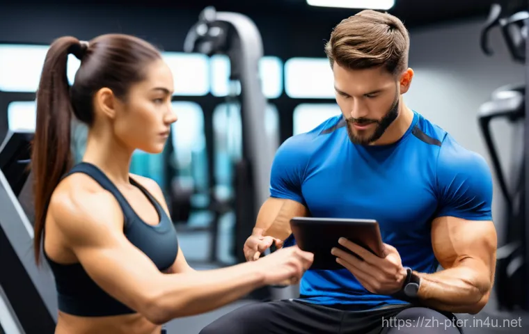 퍼스널트레이너의 운동 프로그램 구성법 - **Image Prompt 1: Personalized Guidance with Smart Tech in a Modern Gym**
    A determined young wom...