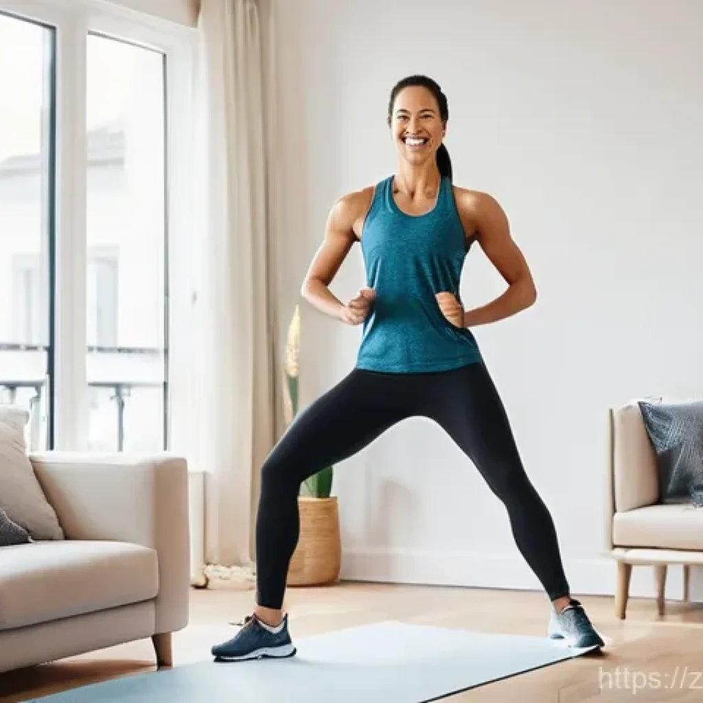 퍼스널트레이너의 온라인 PT 비즈니스 - **Prompt:** A fit woman in her early 30s, with a radiant smile, wearing a stylish and modest athleti...