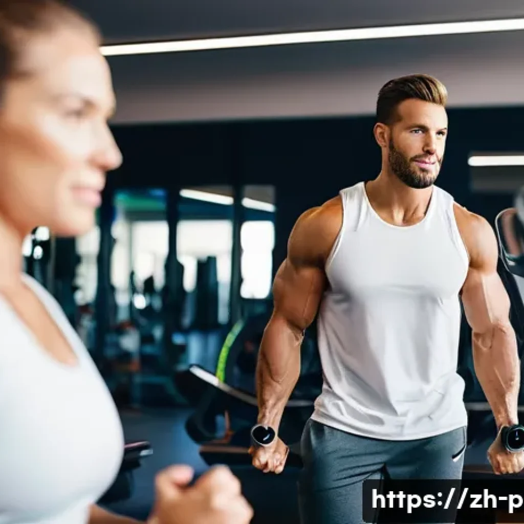 퍼스널트레이너 고용 형태의 종류 - **Prompt:** A diverse group of individuals in a brightly lit, modern traditional gym, featuring a dy...