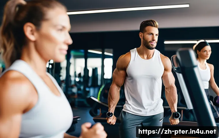 퍼스널트레이너 고용 형태의 종류 - **Prompt:** A diverse group of individuals in a brightly lit, modern traditional gym, featuring a dy...