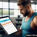 퍼스널트레이너의 근무 시간 관리 - A modern personal trainer in a sleek gym environment, designing a personalized workout plan on a dig...