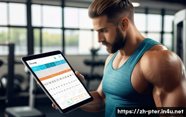 퍼스널트레이너의 근무 시간 관리 - A modern personal trainer in a sleek gym environment, designing a personalized workout plan on a dig...