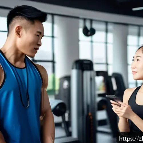 퍼스널트레이너 초보를 위한 교육 자료 - A professional personal trainer attentively communicating with a young Chinese client in a modern gy...