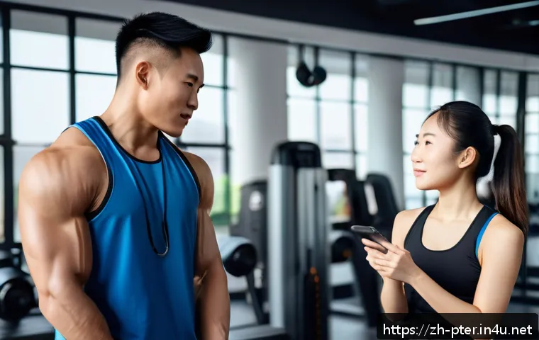 퍼스널트레이너 초보를 위한 교육 자료 - A professional personal trainer attentively communicating with a young Chinese client in a modern gy...