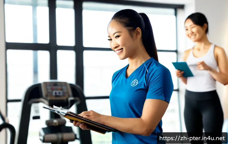 퍼스널트레이너 이직 성공 사례 - Photorealistic personal trainer celebrating a successful career transition in a bright modern fitnes...